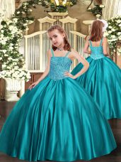 Attractive Teal Ball Gowns Satin Straps Sleeveless Beading Zipper Party Dress Wholesale