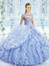Low Price Organza Sweetheart Sleeveless Brush Train Lace Up Beading and Ruffles and Pick Ups Sweet 16 Quinceanera Dress in Blue