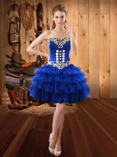 Inexpensive Organza Sweetheart Sleeveless Lace Up Embroidery and Ruffled Layers Prom Gown in Royal Blue