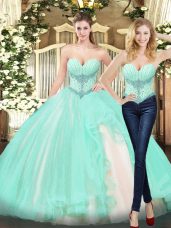 Fitting Sleeveless Floor Length Beading and Ruffles Lace Up Quince Ball Gowns with Apple Green