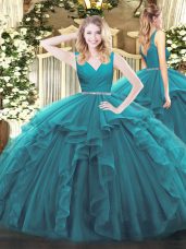 Teal Ball Gowns Beading and Ruffles 15th Birthday Dress Zipper Tulle Sleeveless Floor Length