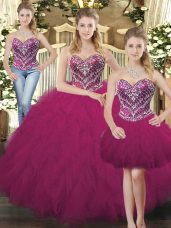 Fuchsia Three Pieces Sweetheart Sleeveless Organza Floor Length Lace Up Beading and Ruffles 15 Quinceanera Dress