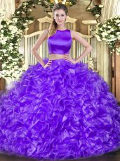 Vintage High-neck Sleeveless Sweet 16 Quinceanera Dress Floor Length Ruffles Eggplant Purple Tulle