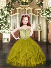 Olive Green Sleeveless Floor Length Beading and Ruffles Lace Up Little Girl Pageant Dress