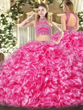 Dazzling Hot Pink Backless High-neck Beading and Ruffles Quinceanera Gown Tulle Sleeveless