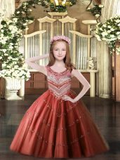 Fantastic Wine Red Lace Up Scoop Beading Little Girls Pageant Dress Tulle Sleeveless
