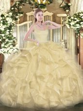 Excellent Straps Sleeveless Zipper Sweet 16 Quinceanera Dress Gold Organza