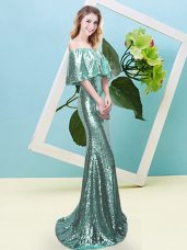 Mermaid Prom Gown Apple Green Off The Shoulder Sequined Half Sleeves Floor Length Zipper