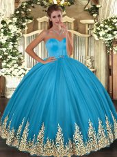 Baby Blue Lace Up 15th Birthday Dress Appliques Sleeveless Floor Length