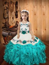 Embroidery and Ruffles Little Girls Pageant Dress Aqua Blue Lace Up Sleeveless Floor Length