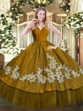 Nice Brown Ball Gowns Satin and Tulle V-neck Sleeveless Embroidery Floor Length Zipper Quinceanera Dresses