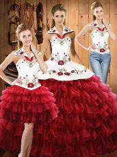 Embroidery and Ruffled Layers Quinceanera Dresses Wine Red Lace Up Sleeveless Floor Length
