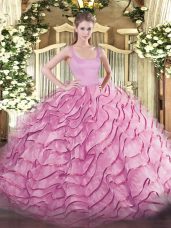 Rose Pink Organza Zipper Vestidos de Quinceanera Sleeveless Brush Train Ruffled Layers