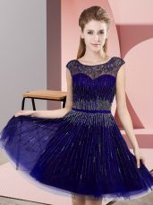 Purple Tulle Backless Evening Dress Sleeveless Knee Length Beading