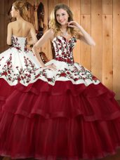 Shining Sweetheart Sleeveless Sweet 16 Dresses Sweep Train Embroidery Wine Red Organza