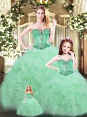 Tulle Sweetheart Sleeveless Lace Up Beading and Ruffles Quinceanera Gowns in Aqua Blue