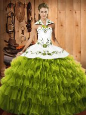 Exceptional Floor Length Lace Up Sweet 16 Dress Olive Green for Military Ball and Sweet 16 and Quinceanera with Embroidery and Ruffled Layers