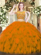 Beading and Ruffles Quinceanera Dress Rust Red Zipper Sleeveless Floor Length