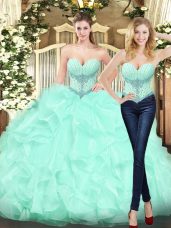 Cheap Apple Green Lace Up Sweetheart Beading and Ruffles Quince Ball Gowns Organza Sleeveless