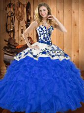 High Quality Blue Lace Up Sweet 16 Quinceanera Dress Embroidery and Ruffles Sleeveless Floor Length