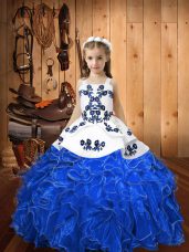 Blue Straps Lace Up Embroidery and Ruffles Little Girls Pageant Dress Wholesale Sleeveless
