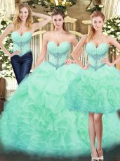 Wonderful Sleeveless Organza Floor Length Lace Up Sweet 16 Quinceanera Dress in Apple Green with Beading and Ruffles