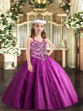 Fuchsia Ball Gowns Beading and Appliques Party Dress Lace Up Tulle Sleeveless Floor Length