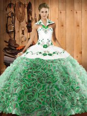 Lovely Multi-color Lace Up Halter Top Embroidery Sweet 16 Dresses Fabric With Rolling Flowers Sleeveless Sweep Train