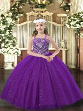 Perfect Floor Length Purple Girls Pageant Dresses Tulle Sleeveless Beading