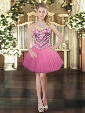 Sweetheart Sleeveless Prom Dress Mini Length Beading Rose Pink Tulle