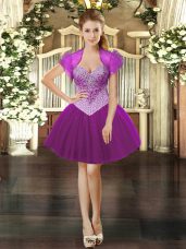 Deluxe Fuchsia Ball Gowns Sweetheart Sleeveless Tulle Mini Length Lace Up Beading Prom Gown