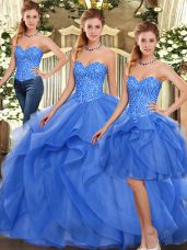 Modest Blue Lace Up Sweetheart Ruffles Sweet 16 Quinceanera Dress Organza Sleeveless