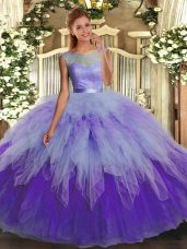 Excellent Multi-color Ball Gowns Scoop Sleeveless Organza Floor Length Backless Lace and Ruffles Quinceanera Dresses