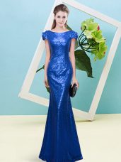 Simple Royal Blue Cap Sleeves Sequins Floor Length Prom Dresses