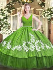 Beading and Appliques Sweet 16 Dress Olive Green Zipper Sleeveless Floor Length