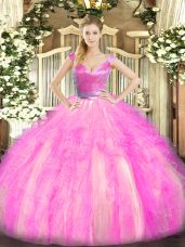 Tulle Sleeveless Floor Length 15th Birthday Dress and Beading and Ruffles