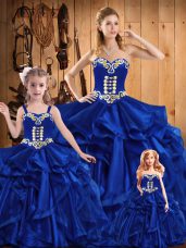 Traditional Royal Blue Organza Lace Up Sweet 16 Dresses Sleeveless Floor Length Embroidery and Ruffles