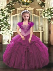 Beading and Ruffles Pageant Gowns For Girls Fuchsia Lace Up Sleeveless Floor Length