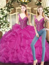Luxurious Fuchsia Sleeveless Floor Length Ruffles Lace Up 15 Quinceanera Dress