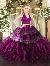 Appliques and Ruffles Quinceanera Dress Fuchsia Zipper Sleeveless Floor Length