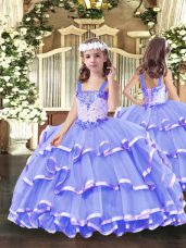 Lavender Organza Lace Up Straps Sleeveless Floor Length Little Girl Pageant Dress Beading and Ruffled Layers