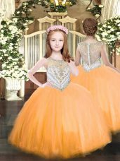 Floor Length Orange Pageant Gowns Tulle Sleeveless Beading