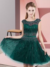 Knee Length Backless Evening Dress Dark Green for Prom and Party with Beading