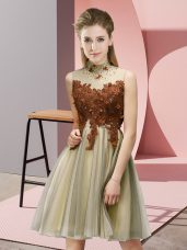 Gold Empire Tulle High-neck Sleeveless Appliques Knee Length Lace Up Bridesmaid Dresses