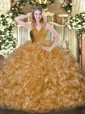 Brown Sleeveless Floor Length Ruffles Zipper Vestidos de Quinceanera