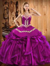 Popular Fuchsia Lace Up Sweetheart Embroidery and Ruffles 15th Birthday Dress Satin and Organza Sleeveless