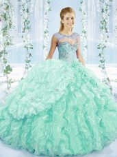 Designer Apple Green Sleeveless Organza Brush Train Lace Up Sweet 16 Dresses for Sweet 16 and Quinceanera