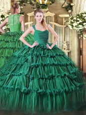 High Class Dark Green Ball Gown Prom Dress Military Ball and Sweet 16 and Quinceanera with Ruffled Layers Straps Sleeveless Zipper
