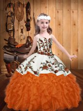 Sleeveless Lace Up Floor Length Embroidery and Ruffles Little Girl Pageant Gowns