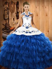 Blue Halter Top Lace Up Embroidery and Ruffled Layers Quince Ball Gowns Sleeveless